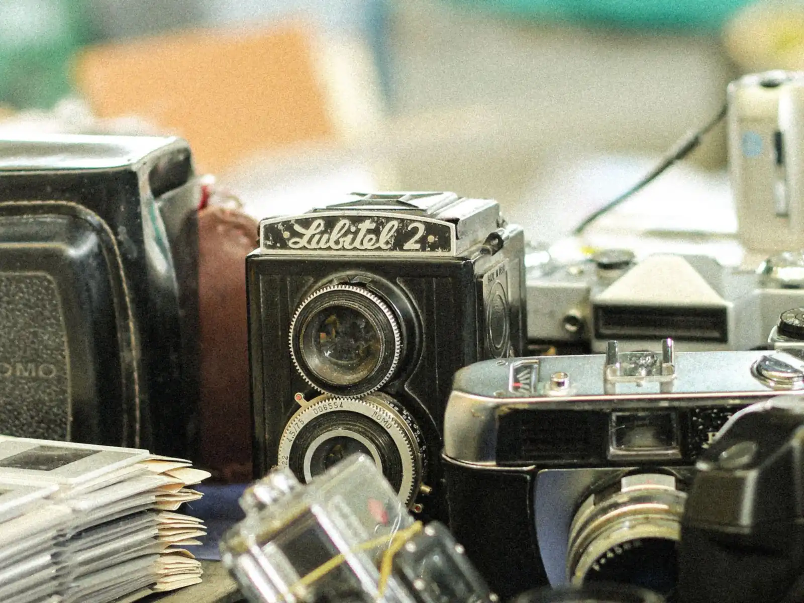 Old cameras at a flea market stall